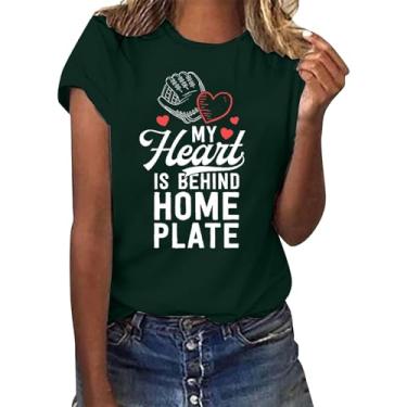 Imagem de Camiseta PKDong Baseball Mom My Heart is Behind Home Plate Letter Printed Shirts Manga Curta Gola Redonda Casual Verão Camisetas Tops, Verde, M