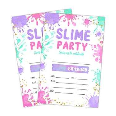 Imagem de LWBEO Cartões de convite de aniversário de arte, convites de festa de slime tie dye, suprimentos de decoração de festa de feliz aniversário infantil, 20 cartões de preenchimento com envelopes para
