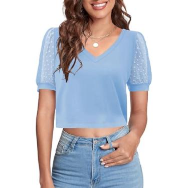 Imagem de Tankaneo Camisetas femininas casuais com gola V, manga bufante, manga bufante, para o verão, camisetas básicas soltas, Azul claro, XXG