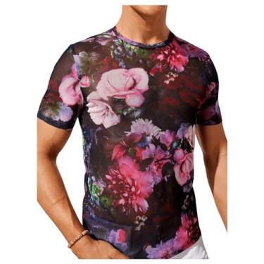 Imagem de Floerns Camiseta masculina de malha transparente de manga curta com glitter e gola redonda, Floral preto, GG