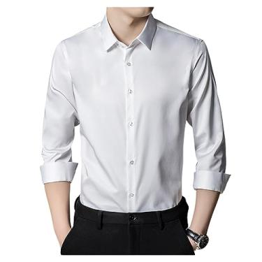 Imagem de Camisa social masculina elástica gola lapela manga longa camisa formal seda não passar a ferro, Branco, G