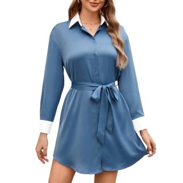 Imagem de SDEER Vestido feminino de cetim casual manga longa lapela laço cintura solto mini camisa vestido de botão para festa coquetel, Azul, G