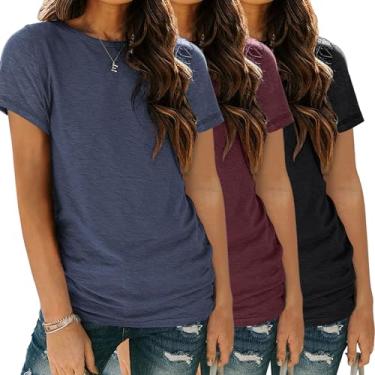 Imagem de SUNBS Pacote com 3 camisetas femininas básicas de manga curta gola redonda moda tops folgados leves roupas casuais de verão 2024, Pacote com 3: vermelho marinho, preto, GG