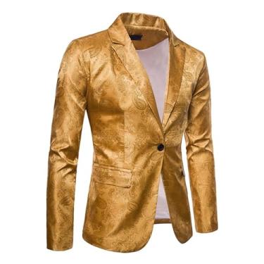 Imagem de Blazer masculino casual com um botão, casaco com bolso, cor sólida, casaco casual, Amarelo, 3G