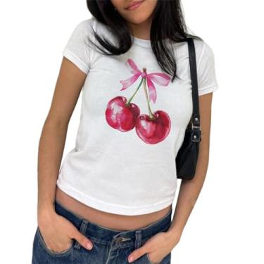Imagem de Camiseta feminina, gola redonda, manga curta, estampada, verão, moda urbana, casual, uso diário, Cereja, M