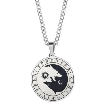 Imagem de Colar de lobo viking animal lobo Yin Yang colar de aço inoxidável disco sol lua lobo pingente colar para homens mulheres medieval amuleto joia presente, Metal, Sem Pedra Preciosa