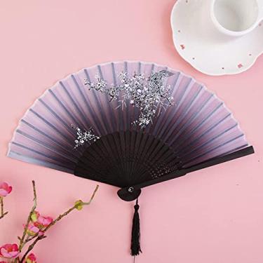 Imagem de YQHWLKJ Ventilador dobrável de seda estilo vintage ventiladores de mão ventiladores de mão arte artesanato menina presente decoração de casa casamento dança ventilador de mão