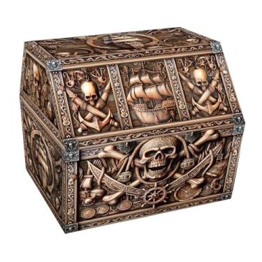Imagem de PETCEE Baú do tesouro pirata e caixa de caveira – Grande 22,9 x 23,6 x 20,3 cm, armazenamento de sala de aula para crianças, prêmios, baú de tesouro reutilizável para sala de aula, recompensas de