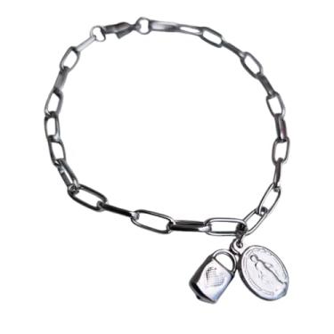 Imagem de Pulseira Cadeia Consagração Cadeado Medalha Imagem Nossa Senhora Das Graças de Aço Inoxidável Prateada Aço Inox Cirúrgico Antialérgico