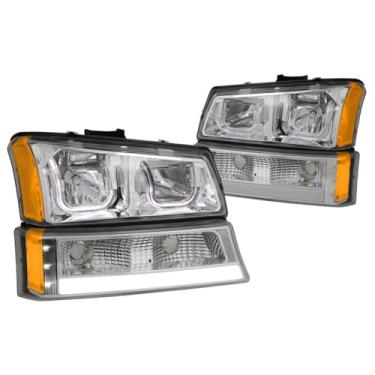 Imagem de PM PERFORMOTOR Faróis de projetor de luz LED em formato de J cromados âmbar compatíveis com 03-06 Silverado 1500-3500 / Avalanche 1500 2500, PMHL-CSIL-0306-JLB2-CA