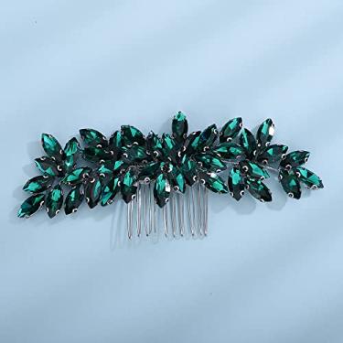 Imagem de Teyglen Pente de cabelo feminino delicado e simples com strass - acessório de cabelo lateral de noiva brilhante luxuoso para casamentos (prata-verde)