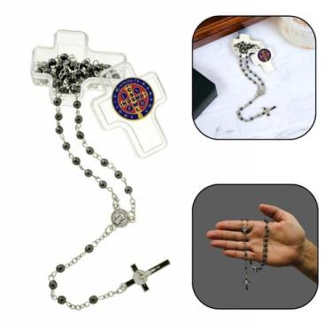 Imagem de Mini Colar Terço Medalha de São Bento Hematita 4 mm - Canção nova