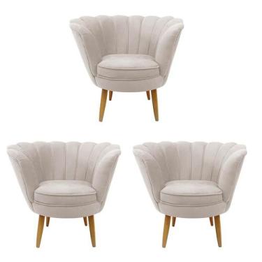 Imagem de Kit 03 Poltrona Cadeira Pétala de Flor Plus Luxo Confort Sintético Beg