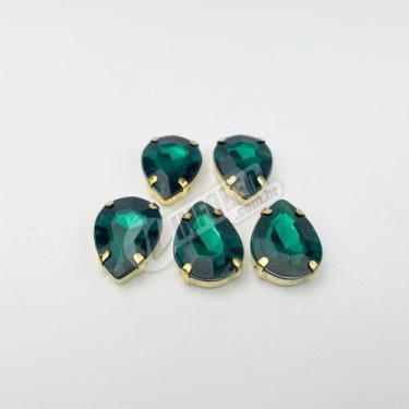 Imagem de Chaton Acrilico Gota Verde Esmeralda Engrampado Dourado 13x18mm - 5 un