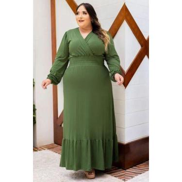 Imagem de Vestido Longo Plus Size Manga Longa Decote V Lastex Cintura - Luh May,