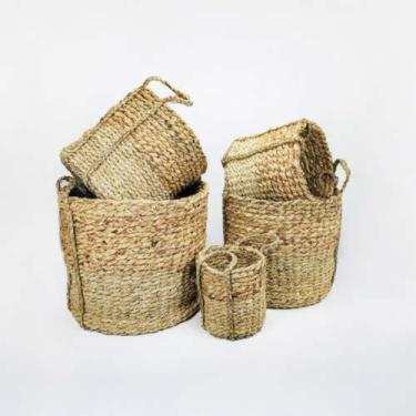 Imagem de Conjunto Cestos Palha Natural Alças Redondo 05 unidades Luxo - LUXdéco