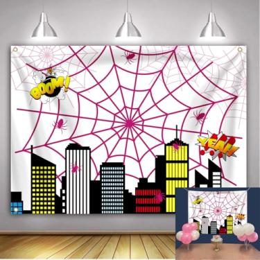 Imagem de USERTEN Pano de fundo para decoração de desenho animado de aniversário para meninos, 2,1 x 1,5 m, tema de herói, festa, aventura, poliéster, teia de aranha rosa, fundo de super-herói