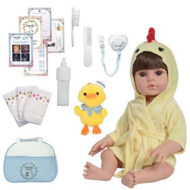 Imagem de Boneco Reborn Masculino Roupão Fofinho Bolsa Acessórios - Cegonha Rebo