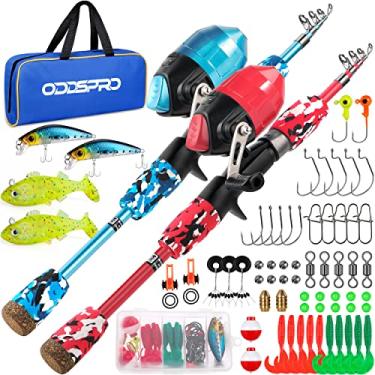 Imagem de ODDSPRO Vara de Pesca Infantil - Kit Inicial de Pesca Infantil - com Caixa de Equipamento, Carretel, Plug de Prática, Guia para Iniciantes e Bolsa de Viagem para Meninos, Meninas(2 Pacotes(Azul + Verm