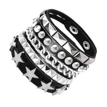 Imagem de Tosmifairy 3 pulseiras de couro punk rock para mulheres pop anos 80 90 acessórios de joias emo retrô ajustáveis (estilo 7 estrelas), One Size, Couro sintético, Sem Pedra Preciosa