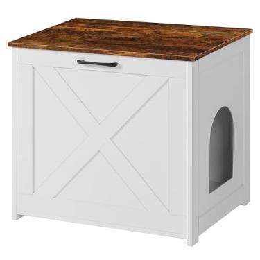 Imagem de Dwanton Caixa de areia para gatos oculta, caixa de areia para gatos, entrada reversível pode ser do lado esquerdo ou direito, armário interno, banheiro de madeira, mesa de extremidade, branco e marrom