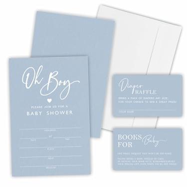 Imagem de Oh Boy! Kit de convite para chá de bebê, convites incluídos com envelopes, bilhetes de sorteio de fraldas (25 peças cada), cartões de solicitação de livro para anúncio de bebê, lembrancinha de festa