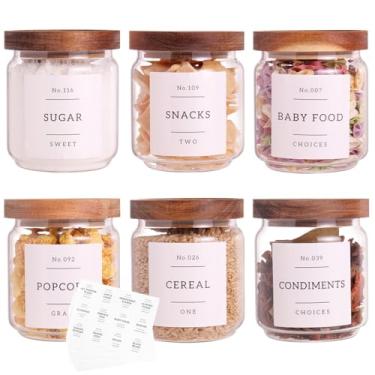 Imagem de CZZGSM 6 conjuntos de potes de armazenamento de despensa de vidro com tampa hermética de acácia - recipientes de cozinha de vidro grosso de 15 onças com 132 rótulos de despensa - recipientes
