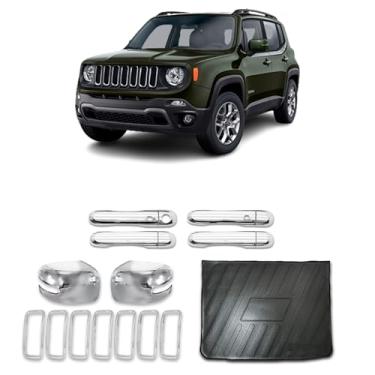 Imagem de Kit Aplique Maçaneta Com Sensor (Keyless) + Retrovisor Com Pisca + Grade Dianteira + Protetor de Porta Malas Adaptável para Renegade 2019 2020 2021
