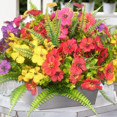 Imagem de GORGOU Plantas artificiais artificiais para decoração externa de verão, 14 feixes de samambaias margaridas coloridas de seda falsa, resistentes a UV, realistas, para varanda e pátio (7 mistos)