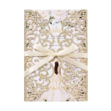 Imagem de Crisjanggo 25 peças de convites de casamento com glitter com envelopes e cartões RSVP ouro personalizado corte a laser convite de festa com fitas para casamento, noivado, chá de panela, chá de panela,