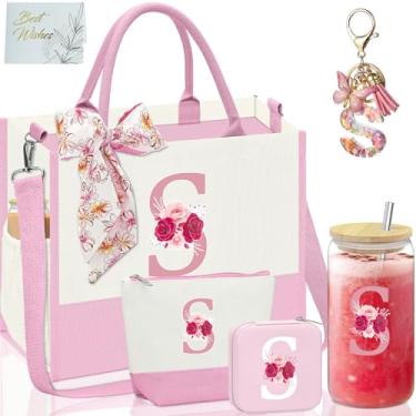 Imagem de AiHeart Presentes com monograma para mulheres, presentes personalizados para mulheres, sacola de lona inicial, copo de vidro inicial de 473 ml, bolsa de maquiagem inicial, caixa organizadora de joias