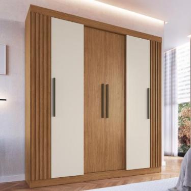 Imagem de Guarda Roupa Casal Ripado 6 Portas Fortaleza Faimec, Freijo/Off White