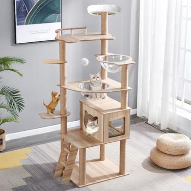 Imagem de Árvore para gatos de 167 cm para ambientes internos e adultos, torre de árvore de gato com condomínio, escadas para gatos, 2 tigelas, 14 postes de sisal, poleiro superior, com cama de plataforma