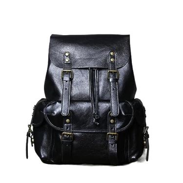 Imagem de Mochila masculina de couro bolsa de viagem vintage de couro grande capacidade moda mochila simples para homens(Black)