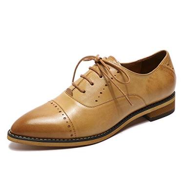 Imagem de Mona flying Sapato feminino de couro perfurado com cadarço Oxfords Brogue Wingtip Derby para mulheres, Marrom - 4, 41 BR