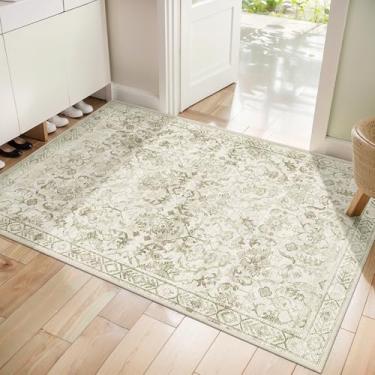 Imagem de Tapete de entrada envelhecido verde sálvia claro 2x3, tapete pequeno vintage antiderrapante, tapete lavável para cozinha, banheiro, tapete interno