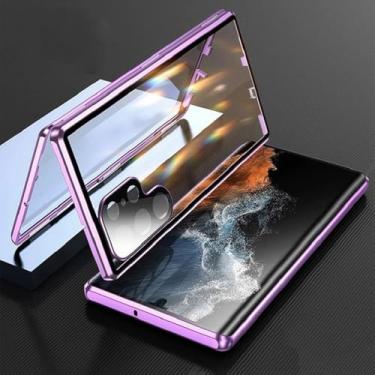 Imagem de 360 Metal Frame Double Sided Glass Snap Lock Magnetic Case para Samsung Galaxy S25 S24 S23 FE S22 Ultra Plus Proteção de lente completa, roxo, para Galaxy S25