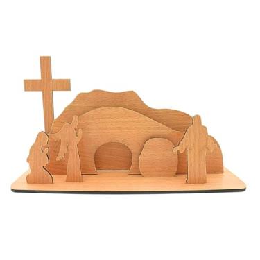 Imagem de Healthy Floyds Cena de Páscoa de tumba vazia ressuscitada – Decoração de cruz de ressurreição de madeira para bandeja em camadas, exibição de presépio de Páscoa religiosa, decoração de mesa e