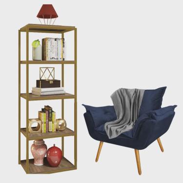 Imagem de Kit Poltrona Fatte com Manta Soft Cinza e Estante Livreiro Ferro Dourado mdf Imbuia Suede Azul Marinho - Ahz Móveis