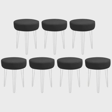 Imagem de Kit 07 Banquetas Puff Jullia Luxo 55cm Industrial Ferro Branco Corino Preto - Ahz Móveis