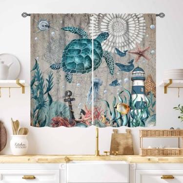 Imagem de Cortinas de tartaruga marinha, praia náutica costeira, tartarugas azul-petróleo, estrela-do-mar, recifes de corais, mapas náuticos, tratamentos para quarto, sala de estar, banheiro, animais submarinos