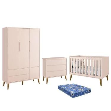 Imagem de Dormitório Infantil Theo Retrô 3 Portas, Cômoda, Berço Rosa com Pés Am