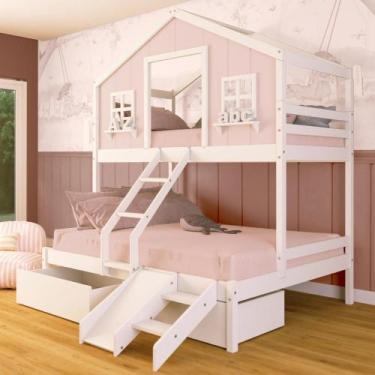 Imagem de Beliche Casal/ Solteiro Casinha dos Sonhos com 02 Gavetas Kit Escada/ 