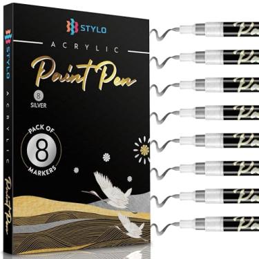 Imagem de Stylo 8 canetas acrílicas metálicas – canetas prateadas – marcadores de tinta acrílica permanente de ponta fina para pintura rupestre, vidro, madeira, ideal para artes e artesanato (pacote com 8,