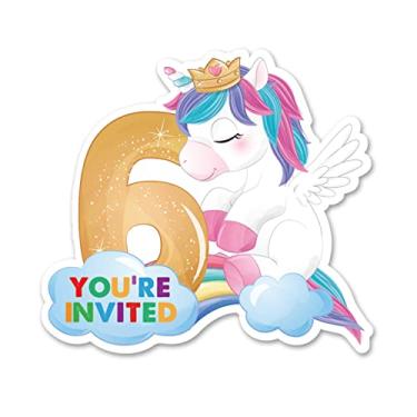 Imagem de Opomzk Convites de festa de 6 anos fofos de unicórnio com envelopes, conjunto de 20 convites de unicórnio seis formas menina sexto aniversário crianças convites suprimentos lembrancinhas, dupla face