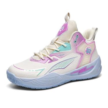 Imagem de Bolognifi Tênis de basquete duráveis ​​de cano alto para homens/mulheres com design elegante de bloqueio de cores Equipamento de basquetebol(Beige,34 BR)