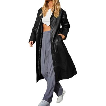 Imagem de Casaco de trincheira feminina de manga longa Cardigan Cardigan Cardigan Color sólido Corrente retrô Casaco de couro faux longo, marrom, S