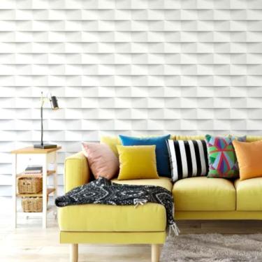 Imagem de Papel De Parede Adesivo Geométrico Efeito Gesso 3D Branco Vinílico Rolo 300x52cm