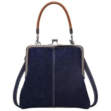 Imagem de Mini bolsa tiracolo jeans feminina, 2025 pequena azul jeans bolsa Kiss Lock para o dia a dia, Azul marinho