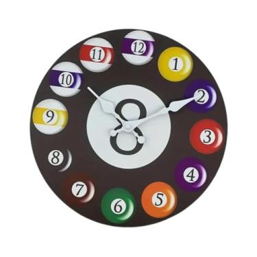 Imagem de Wswqop Relógio de parede com moldura de madeira, tema de bilhar, algarismos arábicos, display de 12 horas, decoração circular de parede para garagem, loft, 8 Inch